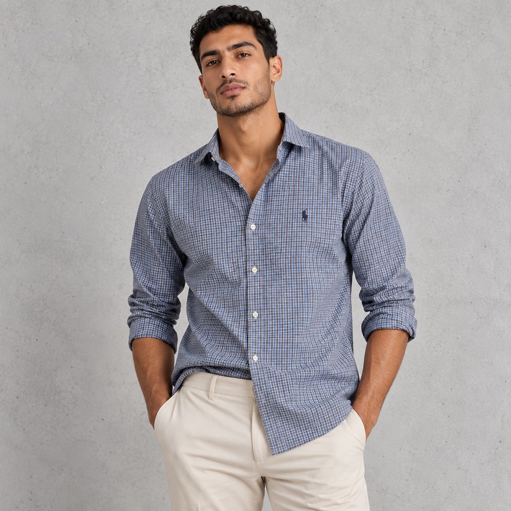 Ralph Lauren Mens Blue White Check Button Down Shirt Business Wear 15.5 32/33